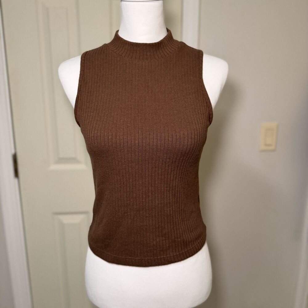 Brown Ribbed Mock Neck Tank Sleeveless Fitted Top Old Navy Small